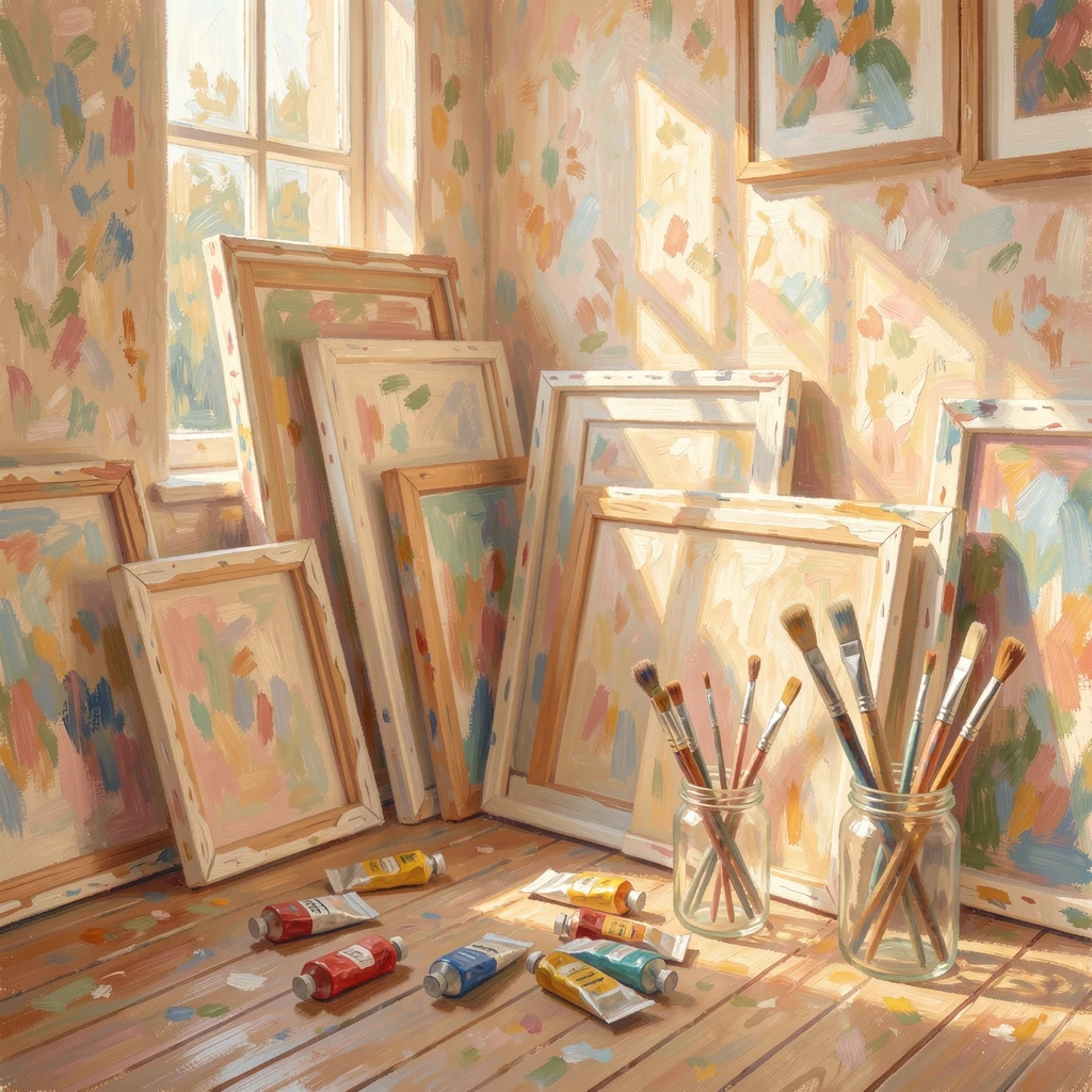 A cluttered artist's studio filled with canvases, paint tubes, and jars of brushes bathed in afternoon light, filled with warmth and nostalgia.