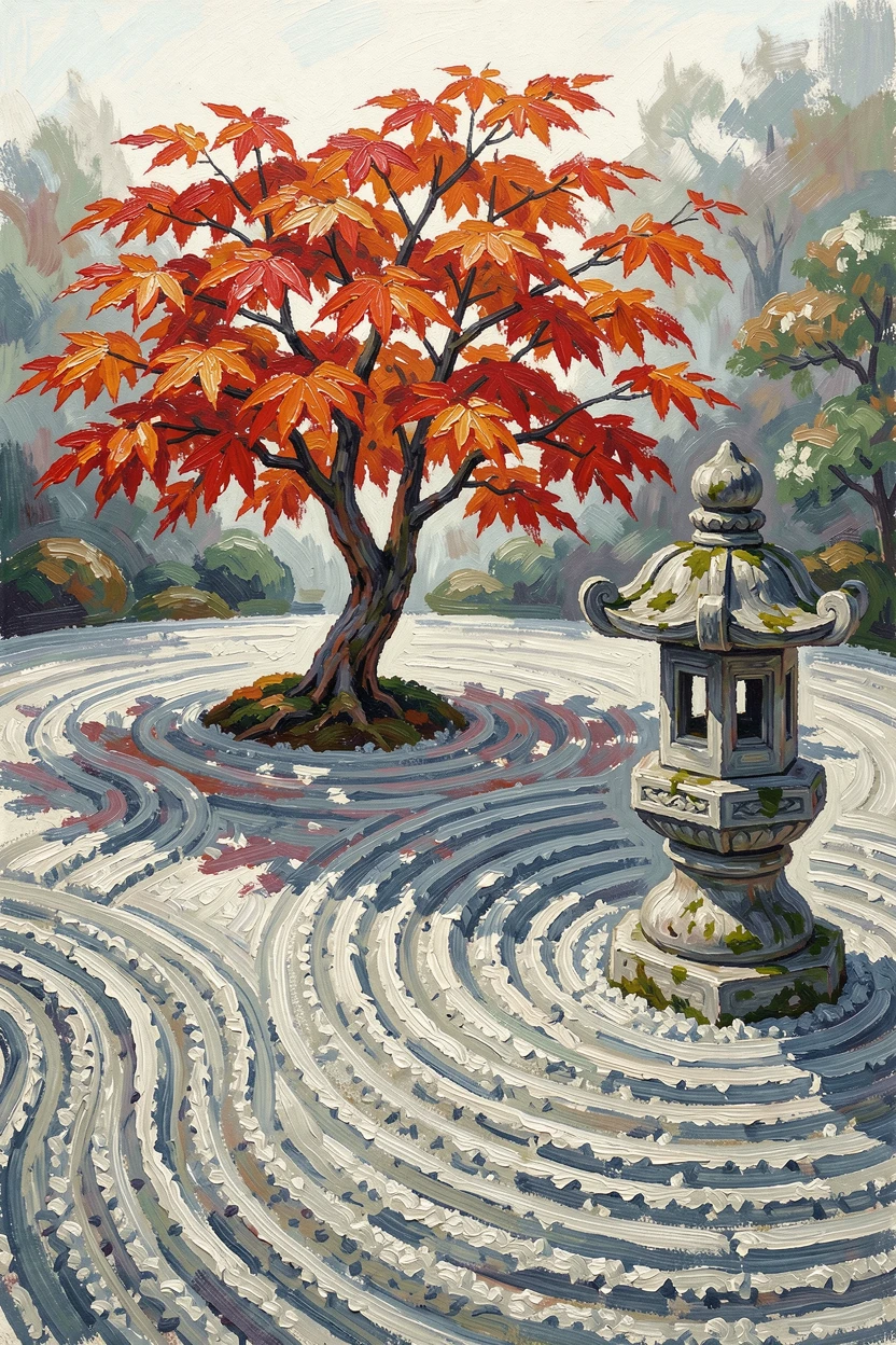 A Japanese zen garden with raked gravel, a single maple tree, and a stone lantern.