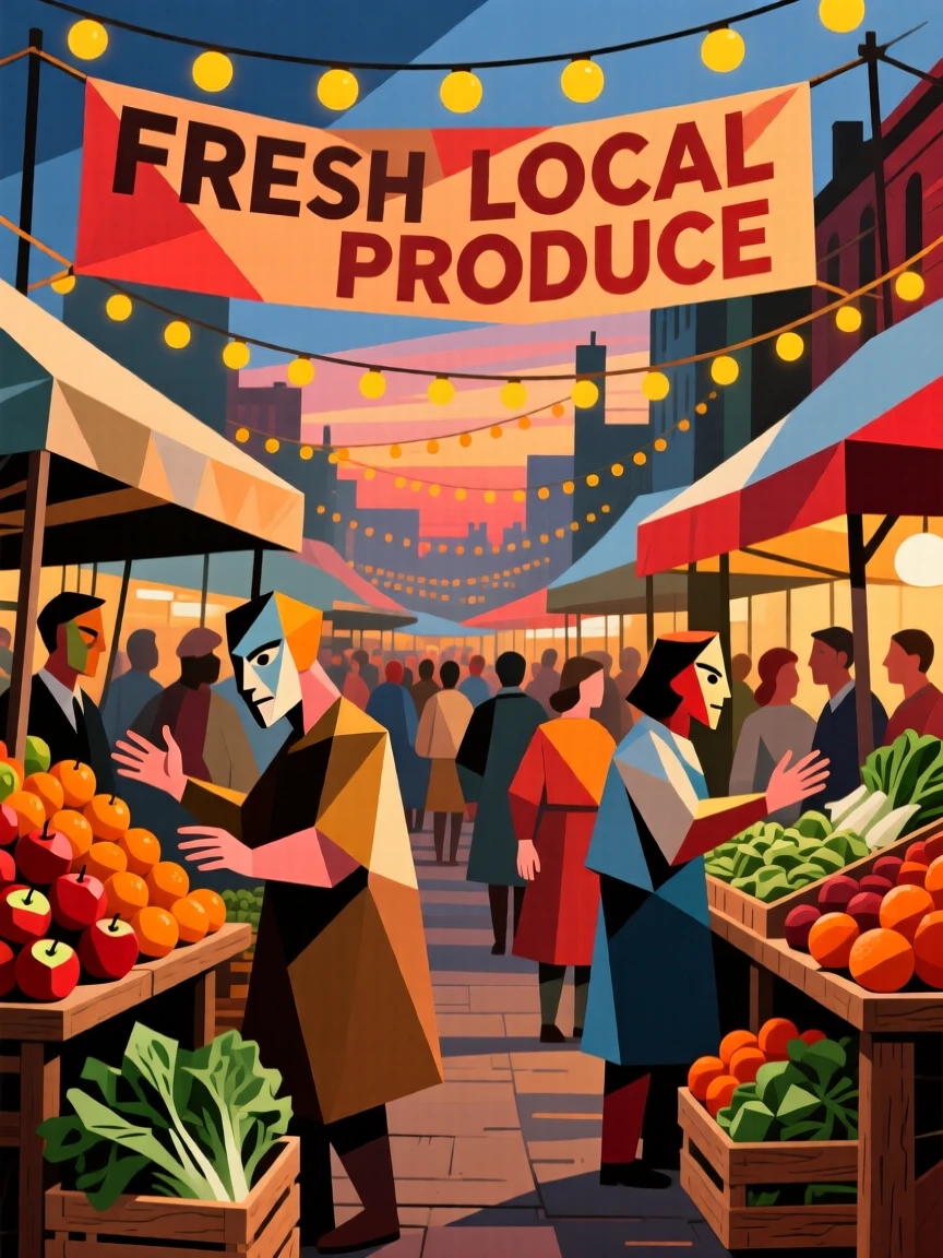 A vibrant scene of a busy open-air farmers market glowing with strings of warm lights.