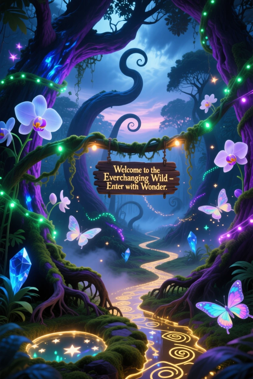 A jungle where vines glow softly like strings of fairy lights unfolds new paths each time it is entered, as soft light pools in every hollow and crevice.