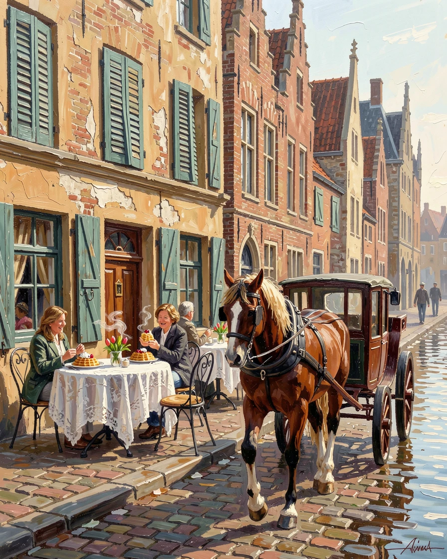 A charming canal-side café in Bruges shows patrons enjoying waffles at outdoor tables as a horse-drawn carriage clip-clops past medieval buildings, distant figures going about their day, lending the scene a sense of genuine daily life.