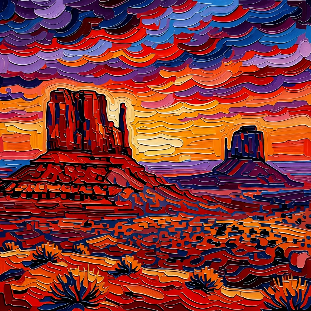 Table-flat mesas of Monument Valley glowing deep red at sunset