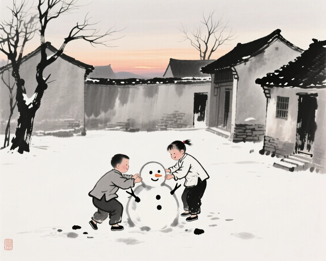 Children build a small snowman in a quiet village courtyard, as the last light of day fades over the village.