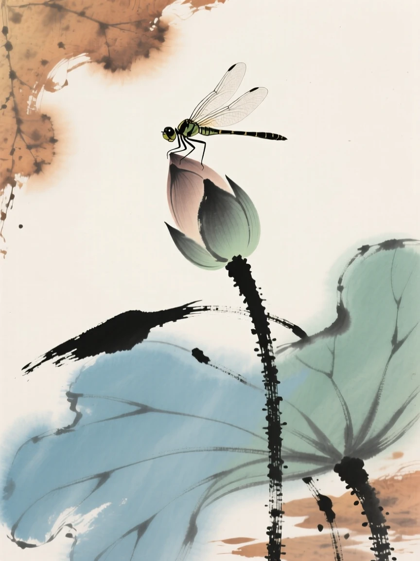 A dragonfly resting on the tip of a lotus bud, in late autumn.