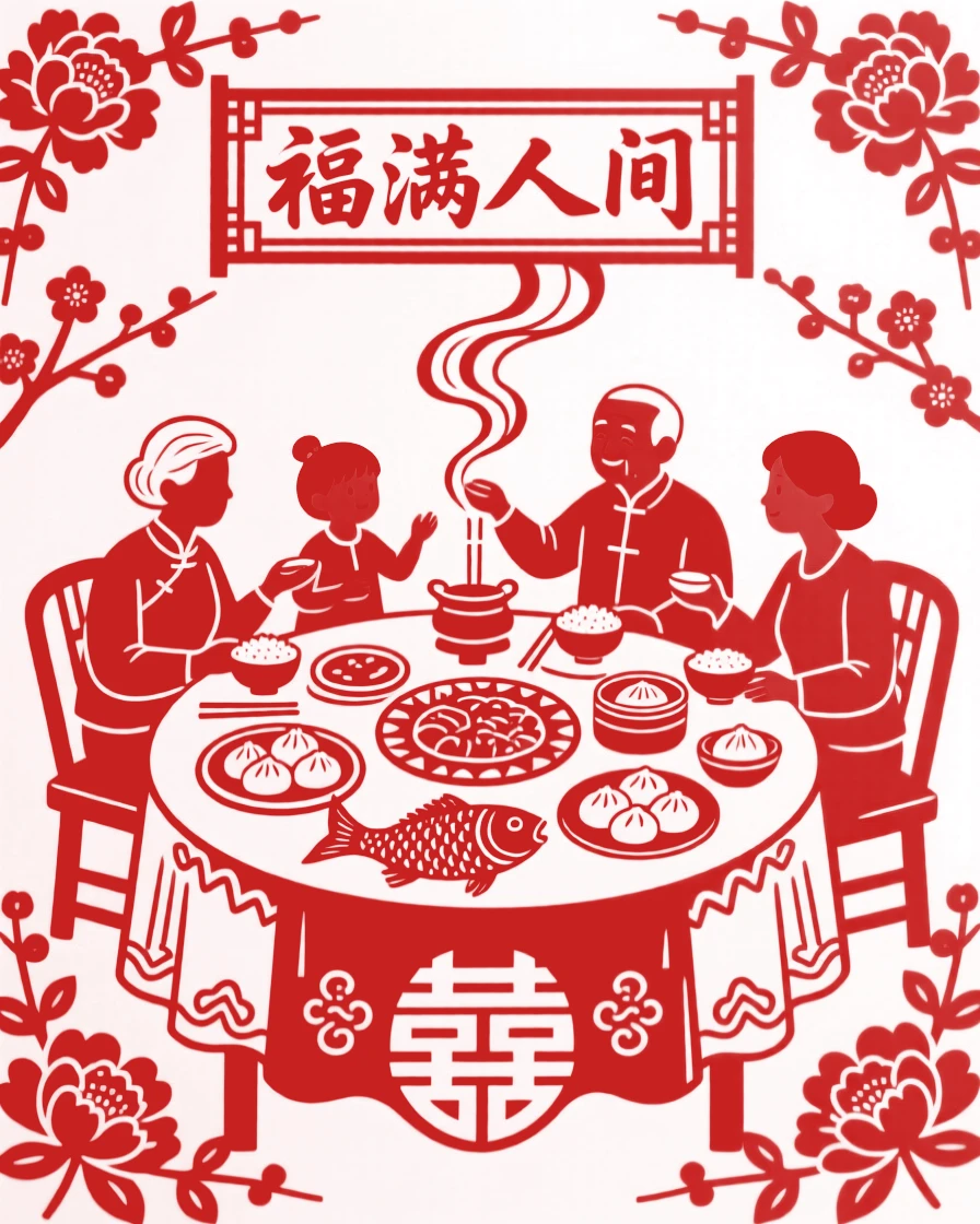 A scene of a family reunion dinner table, where red and gold decorations shimmer in the evening light, with the scent of incense drifting through the air.