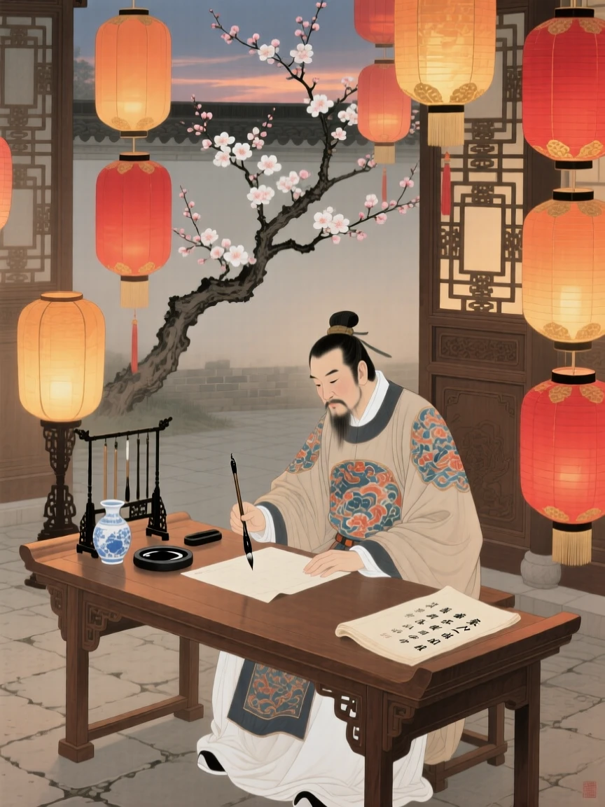 A silk trader writing a letter home by lamplight in a courtyard filled with lantern light
