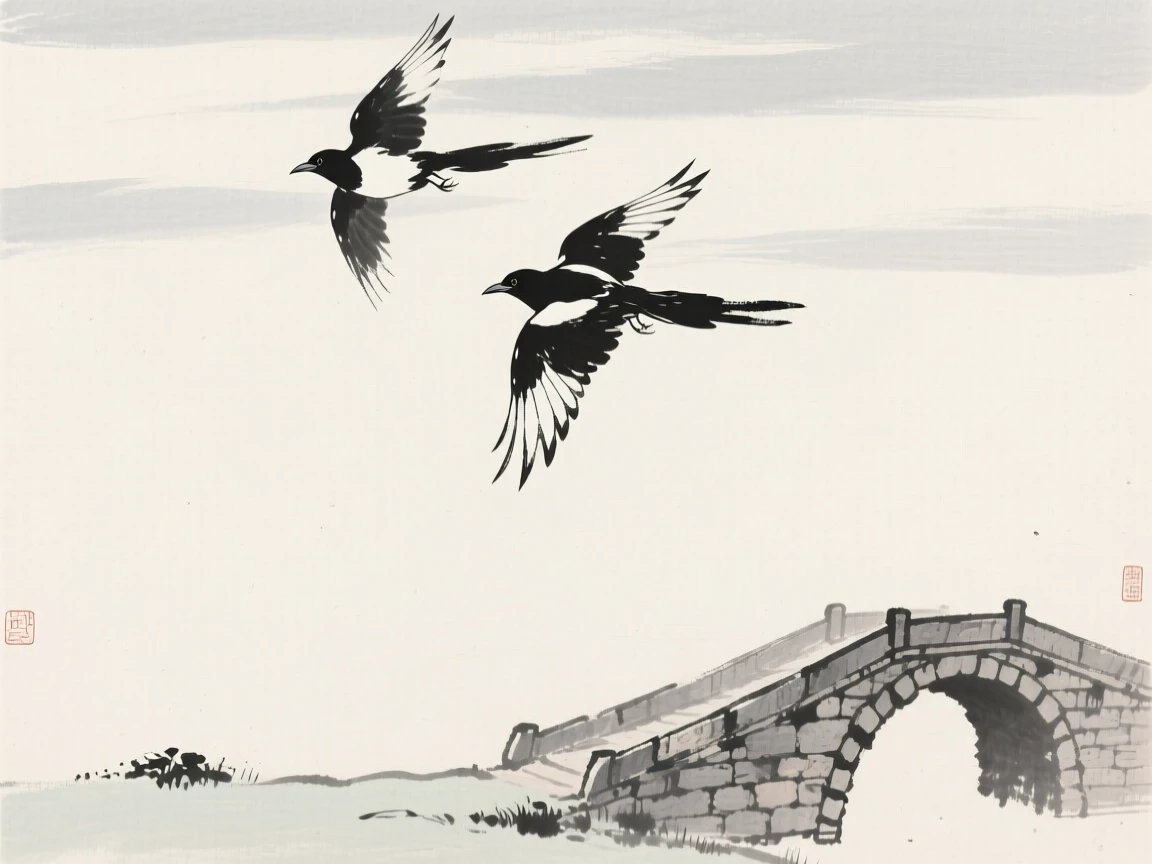 A pair of magpies soaring high against an open sky near an old stone bridge, positioned in one corner, leaving airy negative space, suggesting renewal and the gentle passage of seasons.