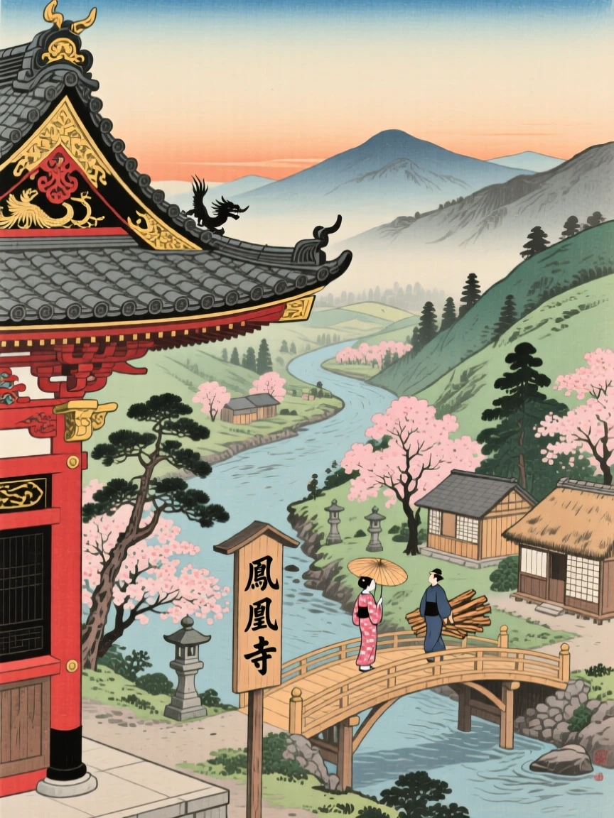 An ornate temple rooftop overlooking a winding river valley.