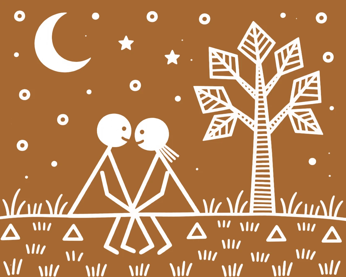 A shy pair of lovers sharing a quiet moment beneath the stars.