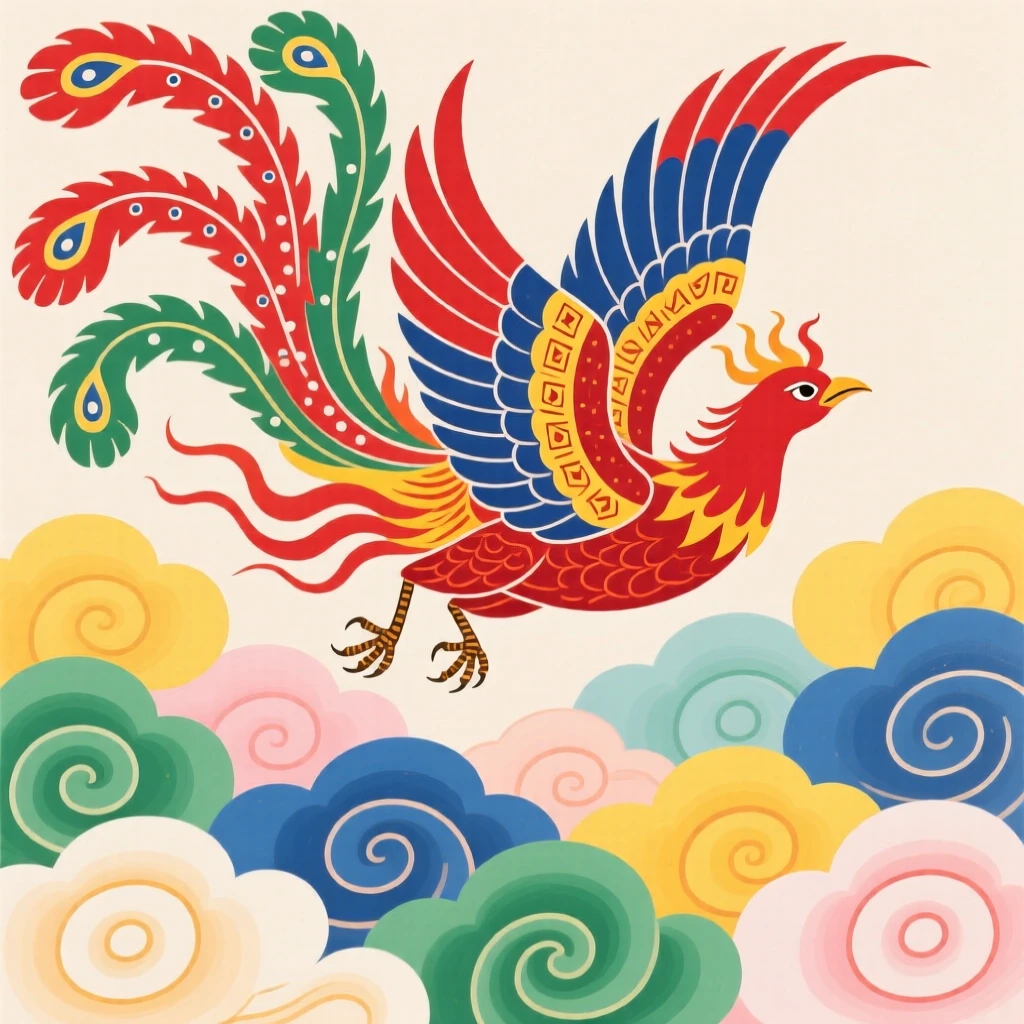 A phoenix with flowing tail feathers soaring above swirling clouds.