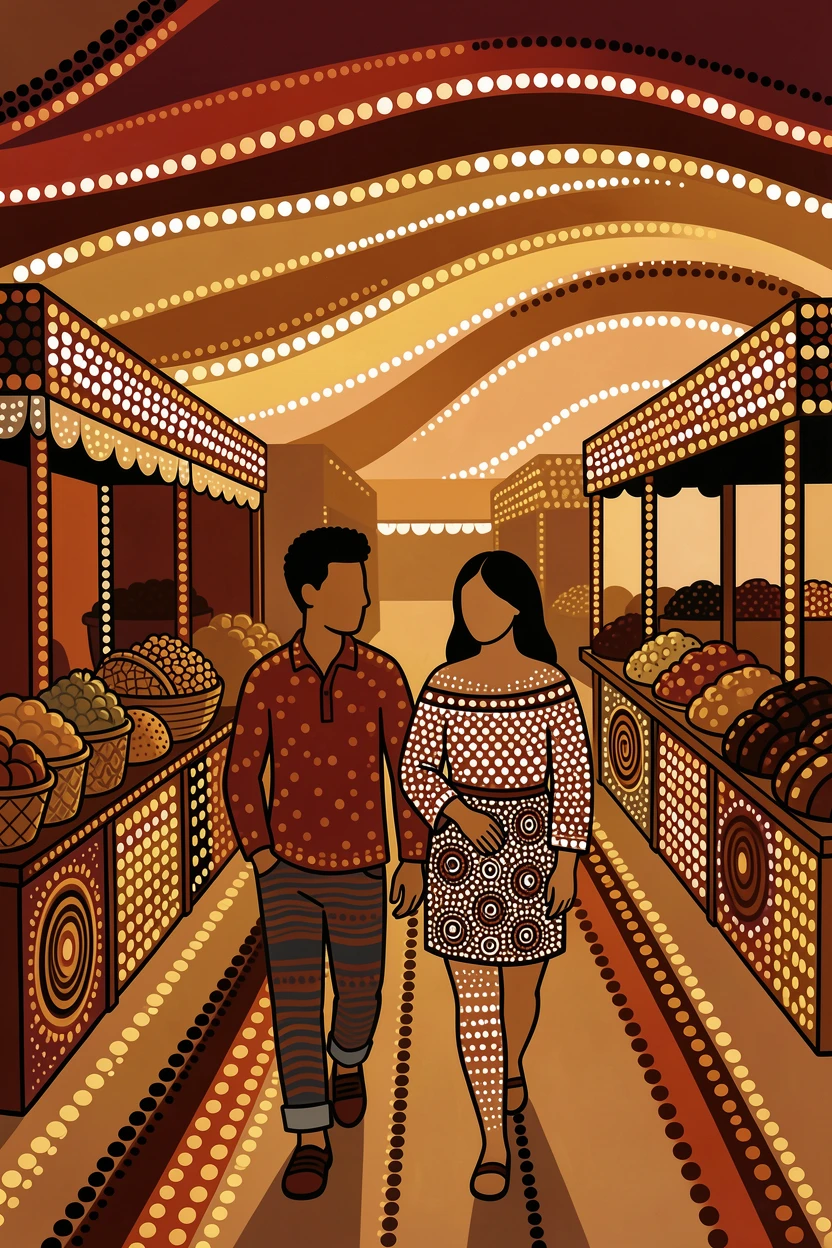 A young couple walking through a market at dusk