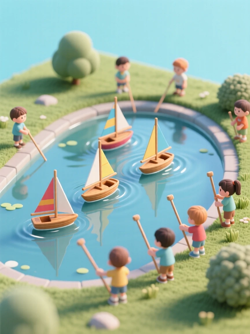 A model sailboat regatta on a park pond, tiny boats racing across the water while children guide them with long sticks.