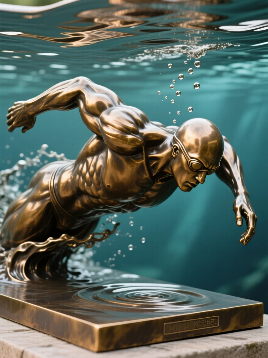 A swimmer breaking the surface after a deep dive, with muscles tensed in graceful strength, forming a strong central focal point