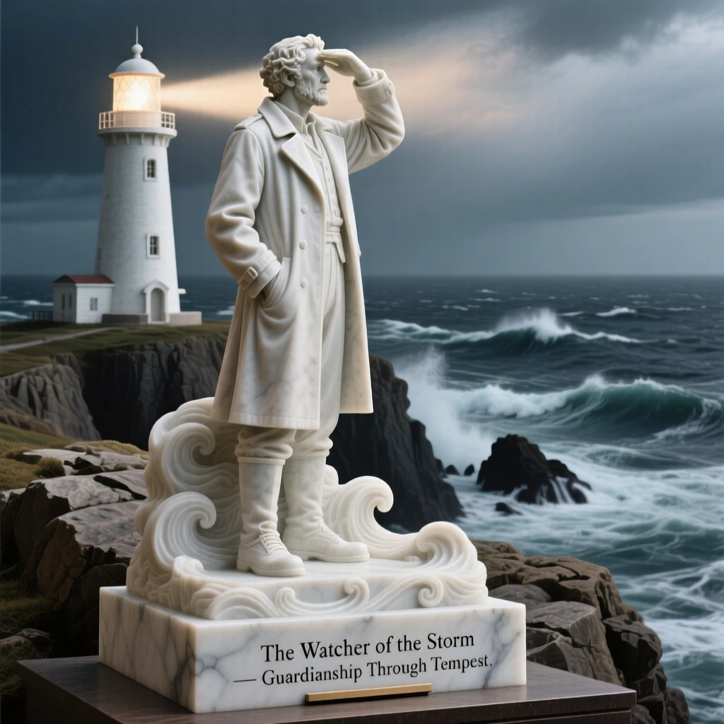 A beautifully composed image of a lighthouse keeper watching over a stormy sea, surrounded by soft, glowing light, full of atmosphere and visual storytelling