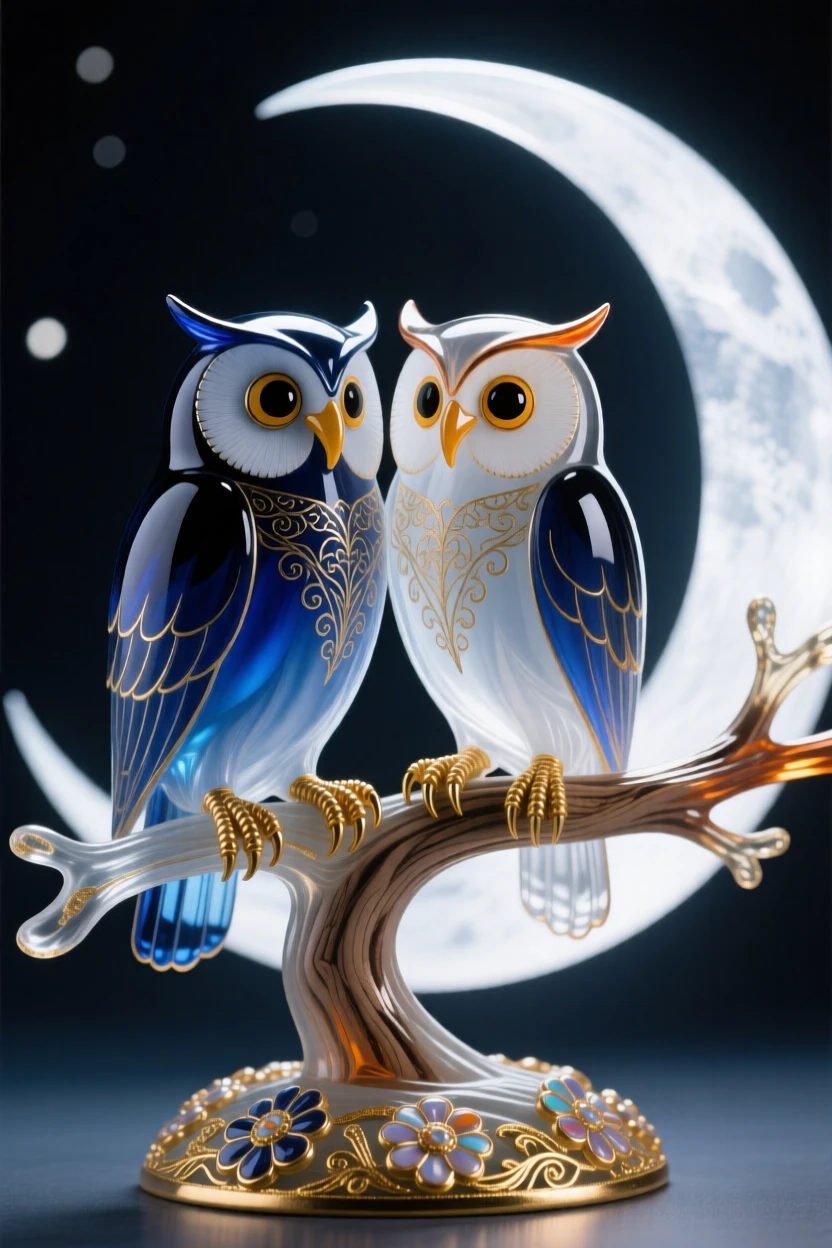A pair of owls perched together on a moonlit branch, wise and bonded.