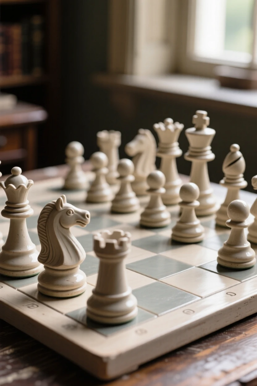 A chess set mid-game with pieces poised framed in soft, warm ambient light, set against a softly blurred background, evoking nostalgia and quiet charm.