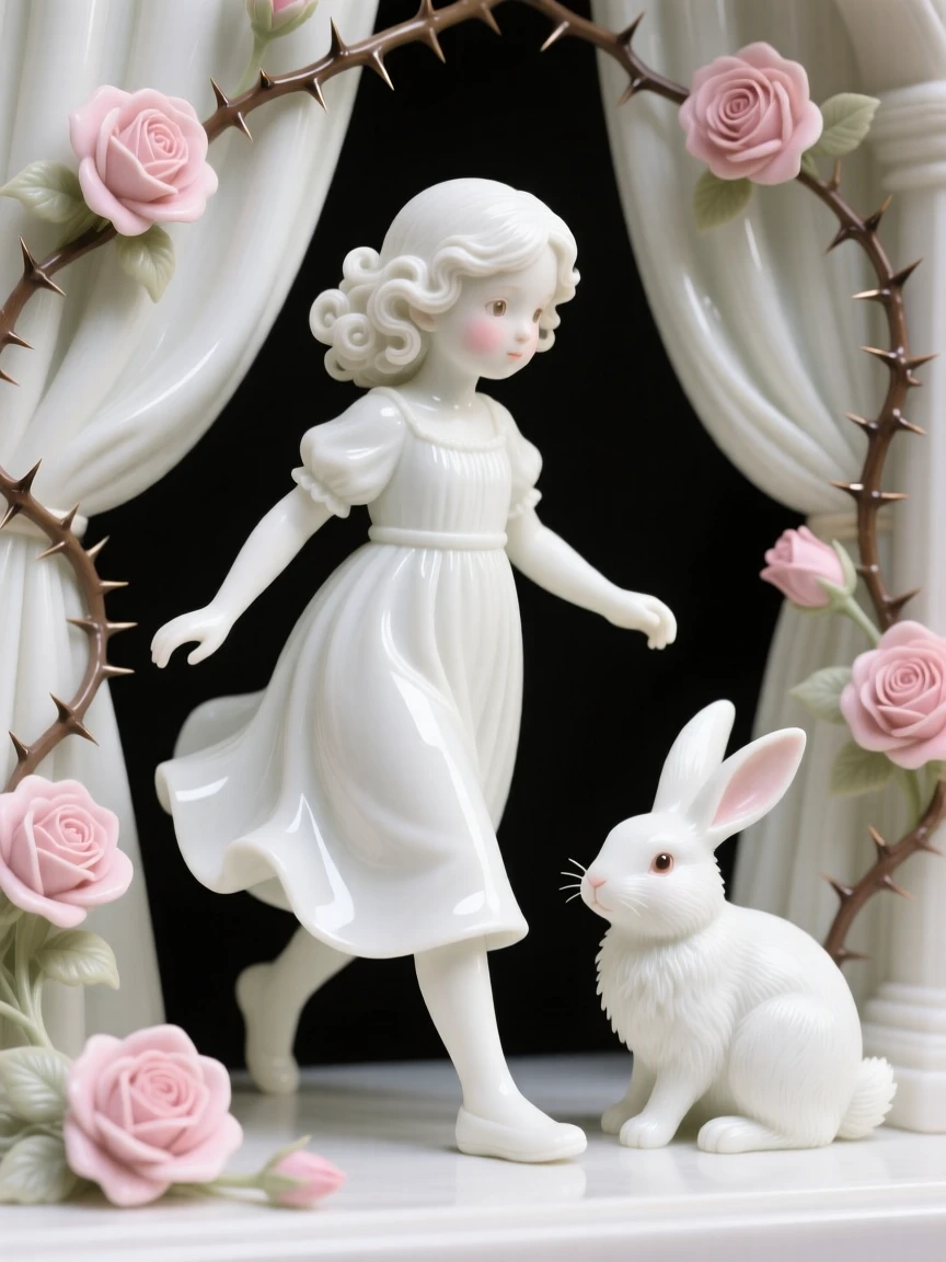 A storybook depiction of a girl following a white rabbit surrounded by a curtain of roses and thorns, full of gentle storybook wonder.