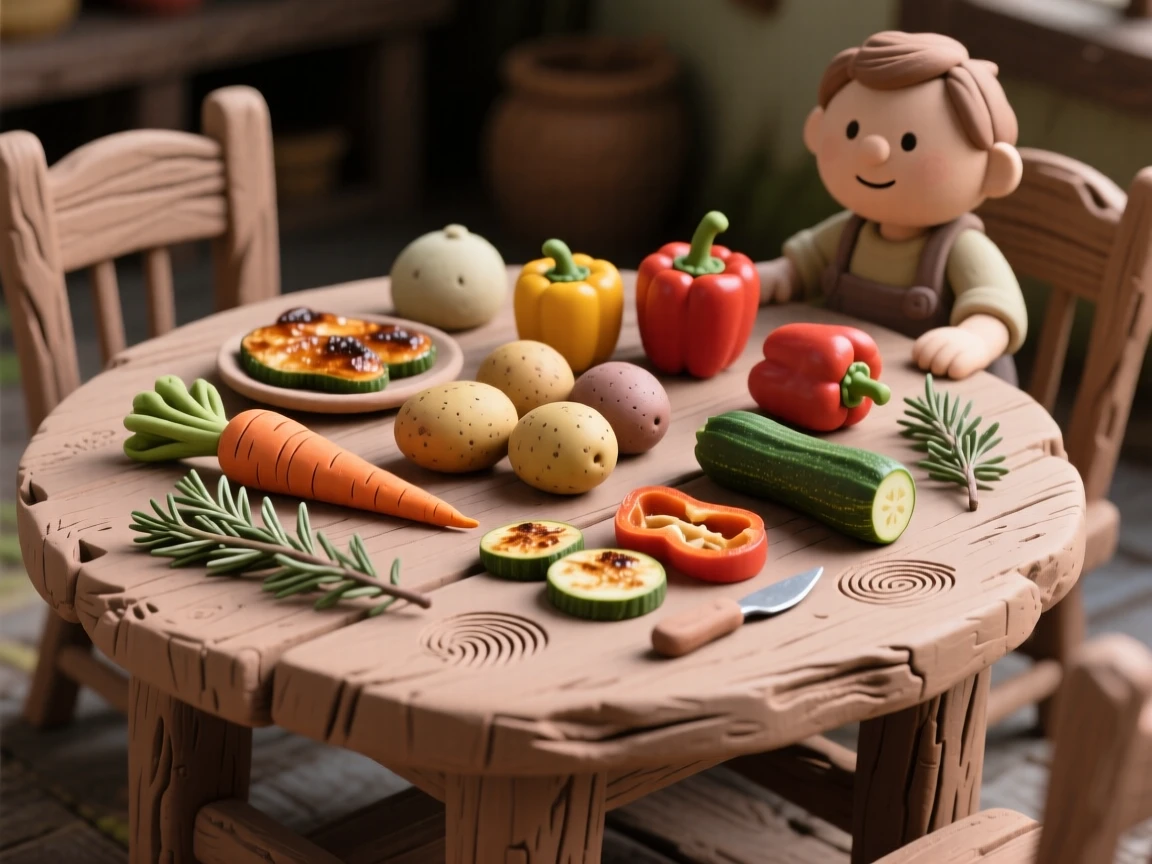 A rustic farmhouse table spread with roasted vegetables and herbs