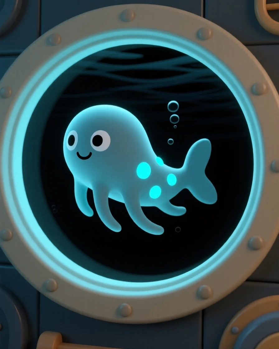 A curious deep-sea creature with glowing spots drifts gently past a submarine's round window in the inky dark.