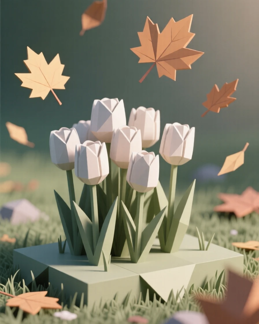 A spring garden bursting with blooming tulips, as autumn leaves drift through the air. soft light and gentle shadows add depth to the scene. The mood feels cozy and nostalgic.