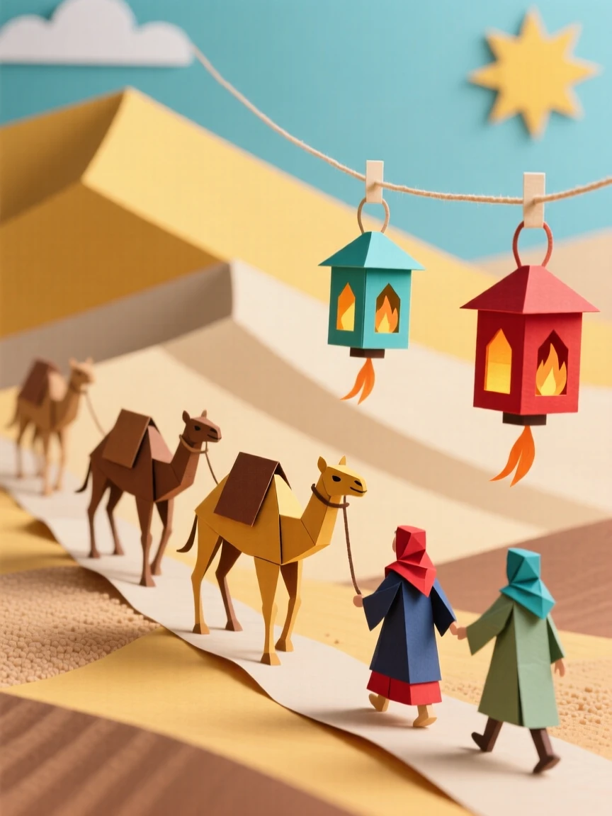 A desert caravan route among towering dunes bustling with life at midday, with lanterns swaying gently in the breeze, capturing a sense of discovery and adventure.