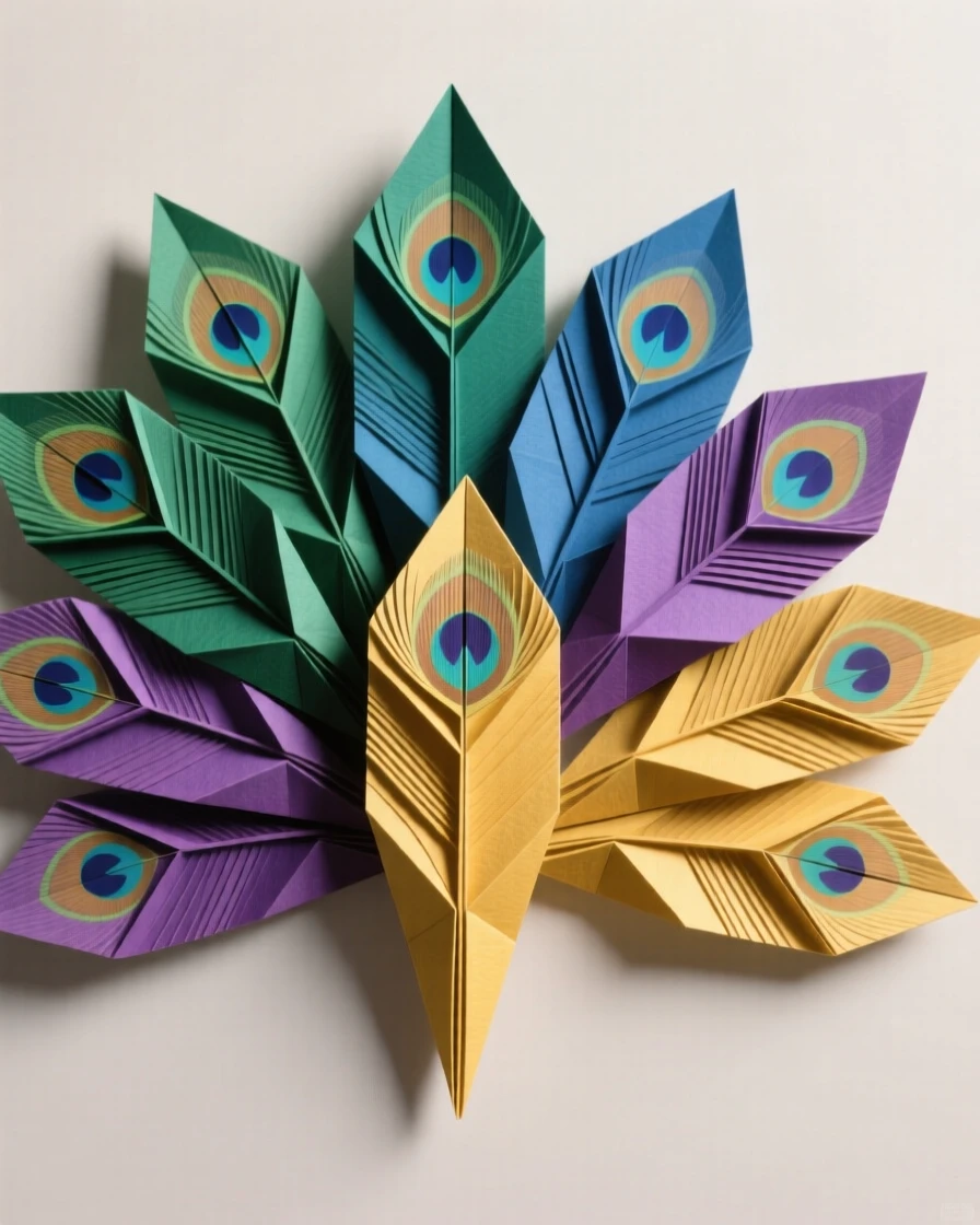A decorative peacock feather arrangement fanned out in rich jewel tones.