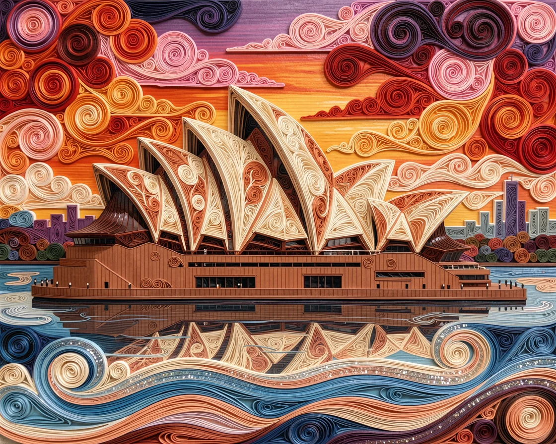 A breathtaking view of the Sydney Opera House against a vivid harbor sunset beside a calm reflective body of water, in warm terracotta and cream architectural tones, captured from a sweeping elevated viewpoint.