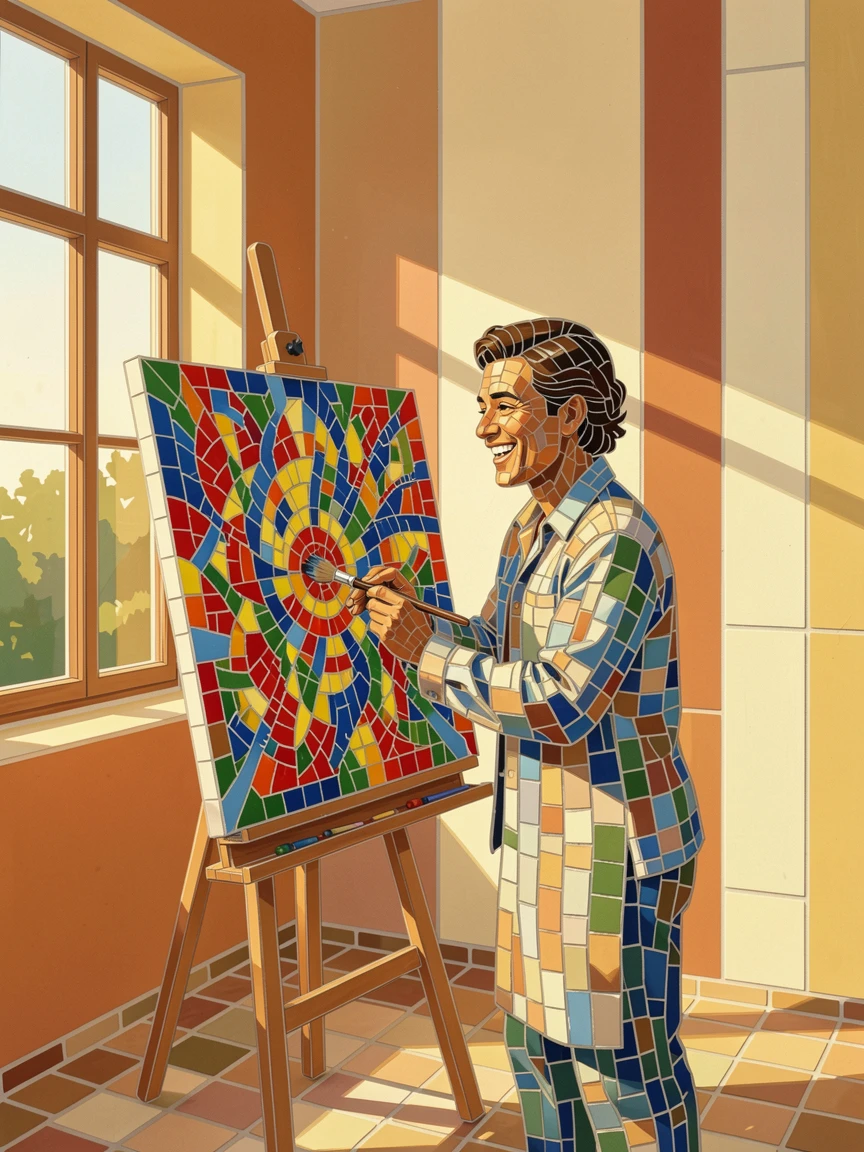 A candid, joyful moment of a painter working on a colorful canvas in a sunlit studio, captured with warm golden light.