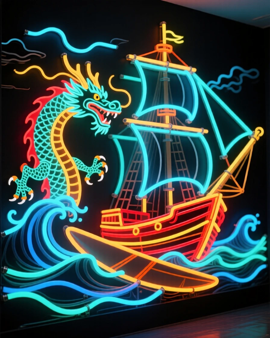 A sea dragon surfacing beside a storm-tossed ship.