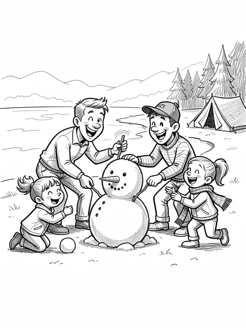 A family building a snowman together at a lakeside campsite.