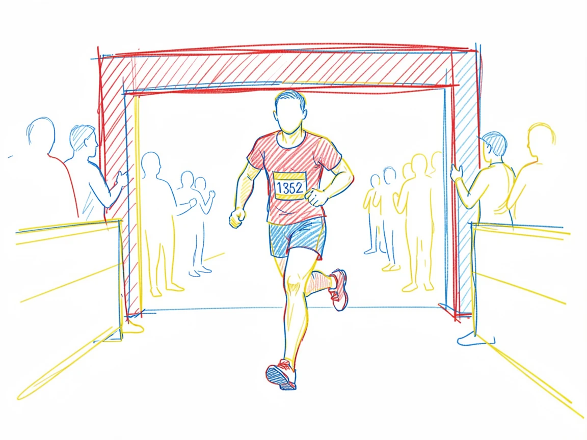 A marathon runner crossing a finish line, crowd cheering on both sides