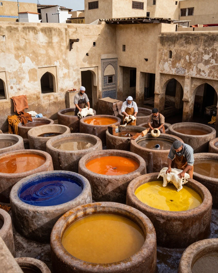 A traditional Moroccan tannery with vats of colorful dye