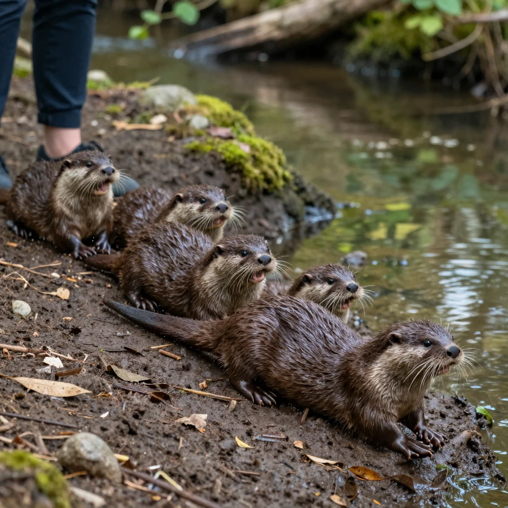 A family of otters slides down a muddy riverbank one after another.