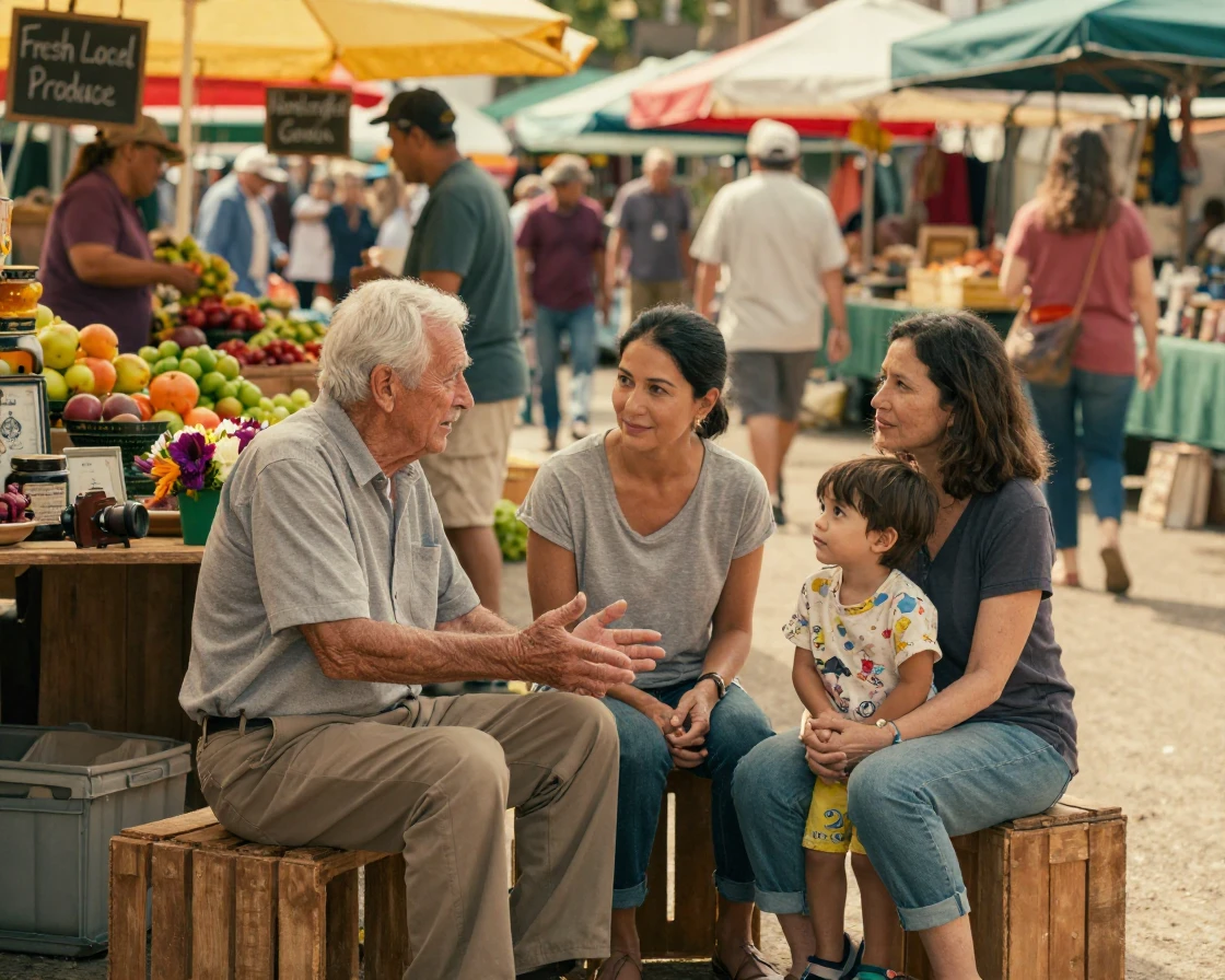 Three generations of a family gathered in a bustling open-air market, telling old stories