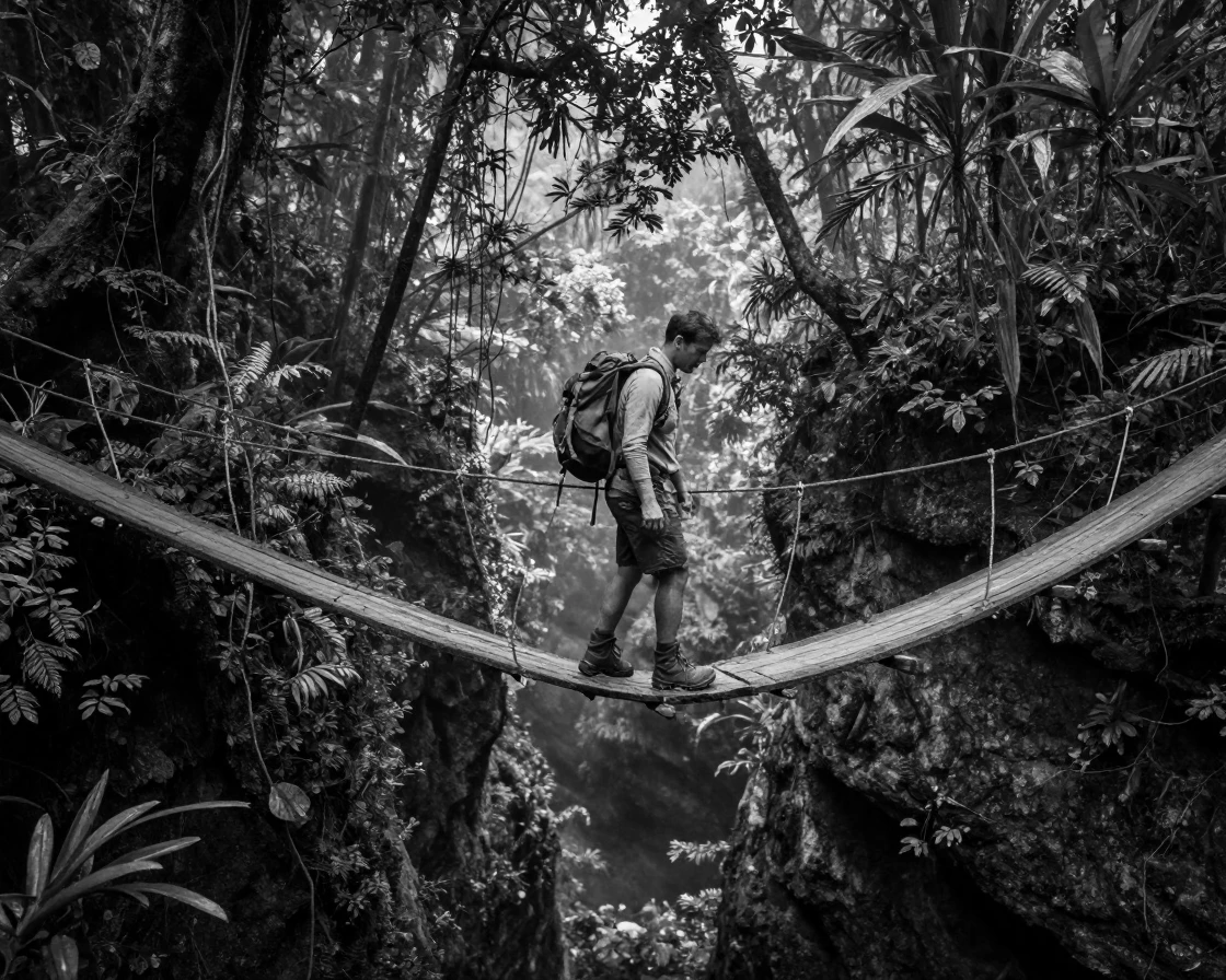 A hiker crosses a rope bridge over a gorge deep in a tropical rainforest.