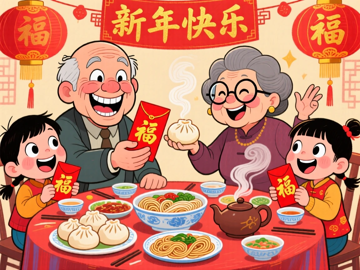 A family gathered around a table for Chinese New Year, red envelopes and dumplings in hand.