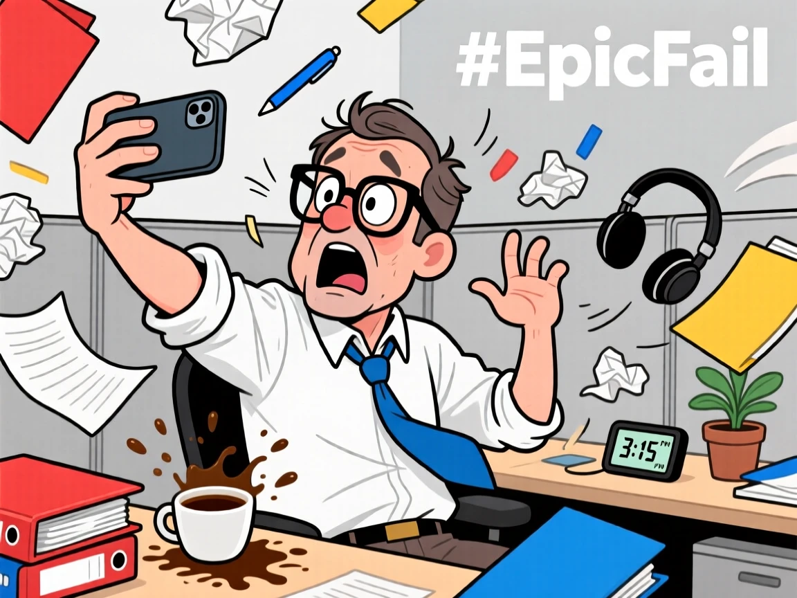 A funny expressive moment showing a office worker attempting a selfie that goes hilariously wrong, as papers and belongings scatter everywhere.