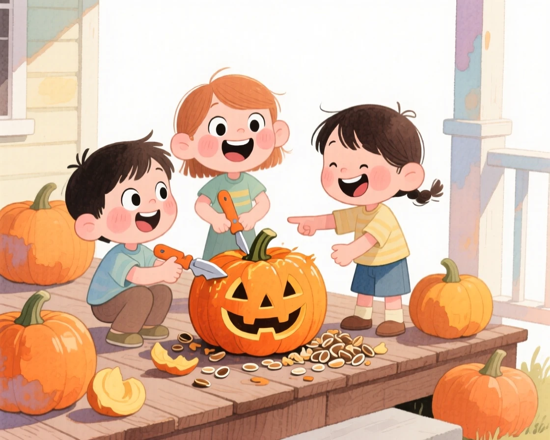 A joyful celebration scene of children carving jack-o-lanterns on a porch surrounded by pumpkins, radiating cozy holiday cheer
