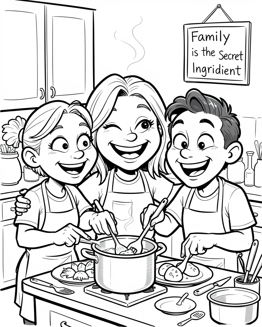 [Family & Relationship Moments] Heartwarming scene of a loving blended family cooking a meal side by side, radiating love and warmth
