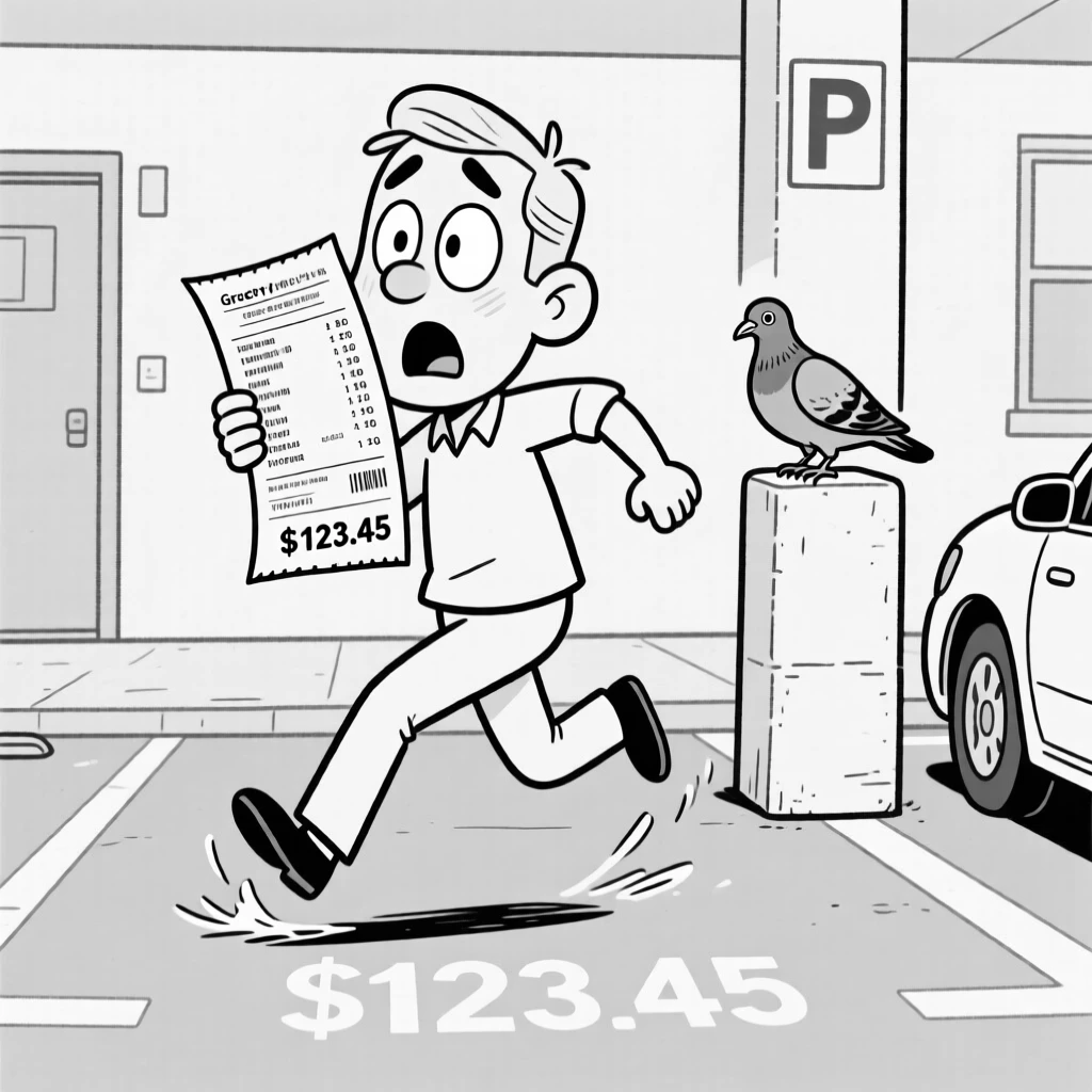 A person doing an enormous double-take at a grocery receipt, freezing mid-step in dawning realization, set in a tight apartment parking spot. A nearby pigeon watches with apparent judgment. The scene captures the comedy hidden in ordinary days.