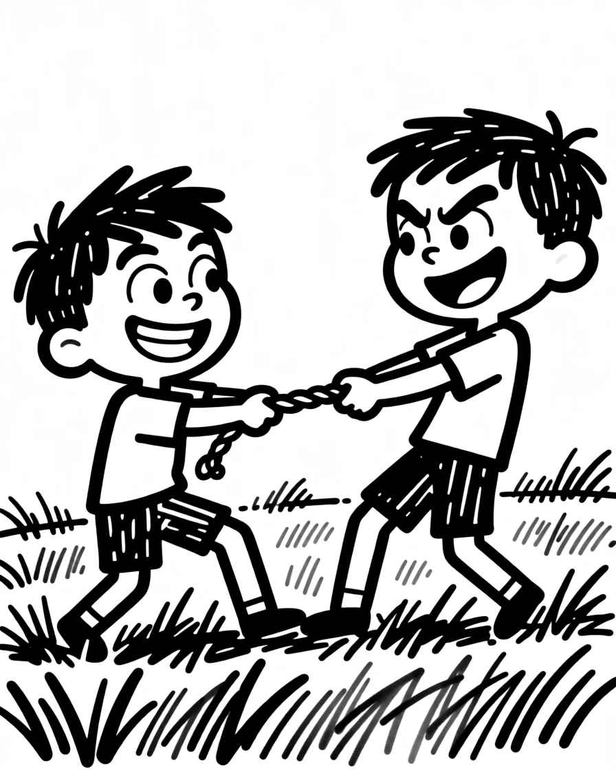 Two kids having an intense but friendly game of tug-of-war on a grassy field.