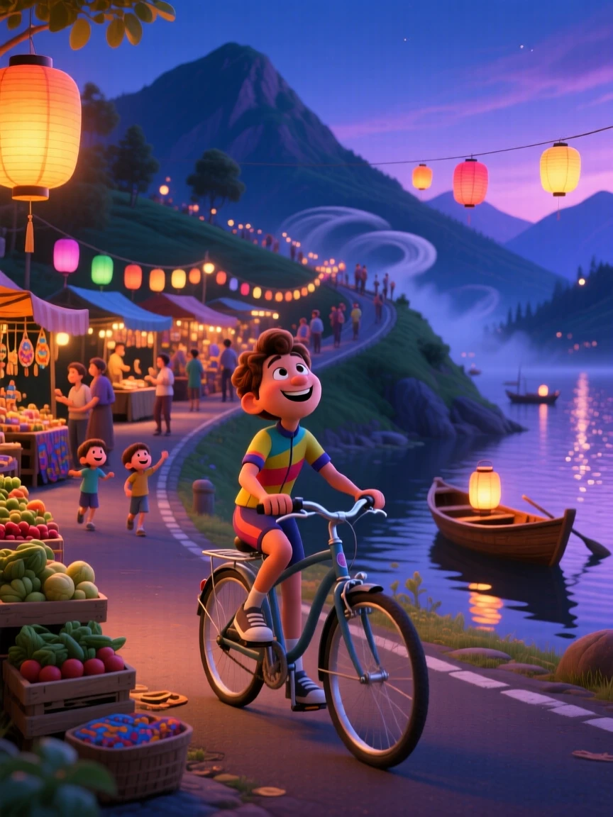A cyclist pausing on a scenic road stands at a bustling night market strung with lanterns, pausing to breathe in the fresh mountain air. A quiet excitement for discovery lingers in the air, with small boats bobbing in the distance.