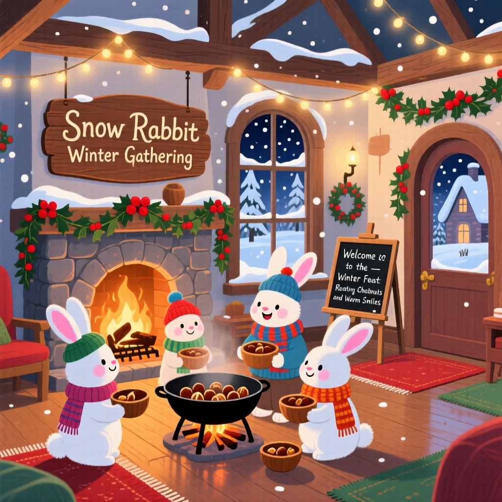 A family of snow rabbits gather in a decorated town hall, roasting chestnuts over an open fire, with fresh snow blanketing the rooftops.