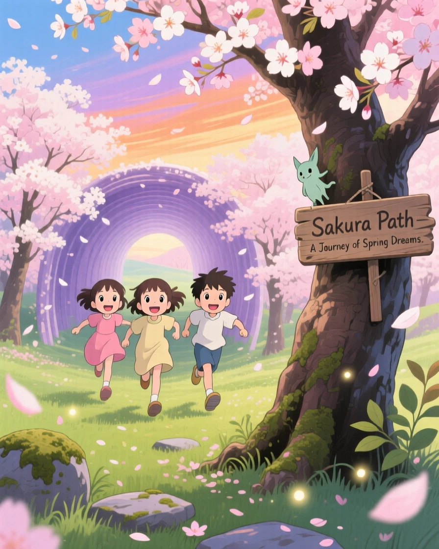 A spring scene of children running through a tunnel of blooming cherry trees, under a sky streaked with color.