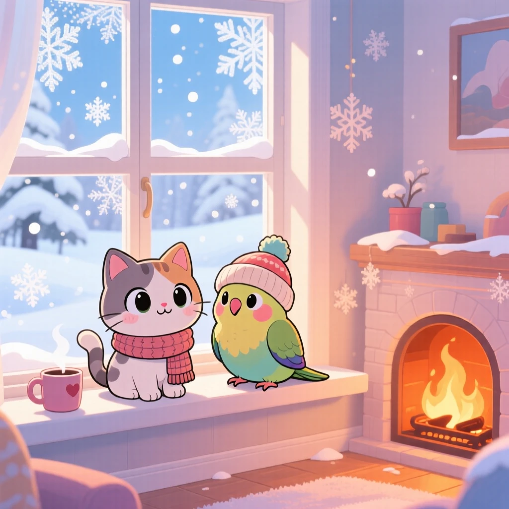A cat and a parakeet becoming unlikely best friends on a windowsill in a bright sunny room during a cozy winter snowfall; cozy firelight washes over the scene as proud determination fills the moment. Wide establishing shot.