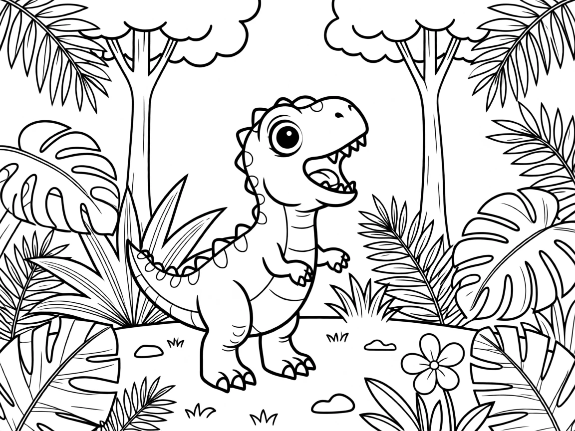 A baby T-Rex learning to roar in a lush jungle