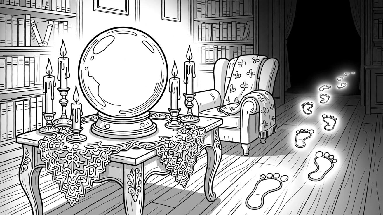 A crystal ball reflecting candlelight in a dim room, with a trail of glowing footprints leading into the dark.