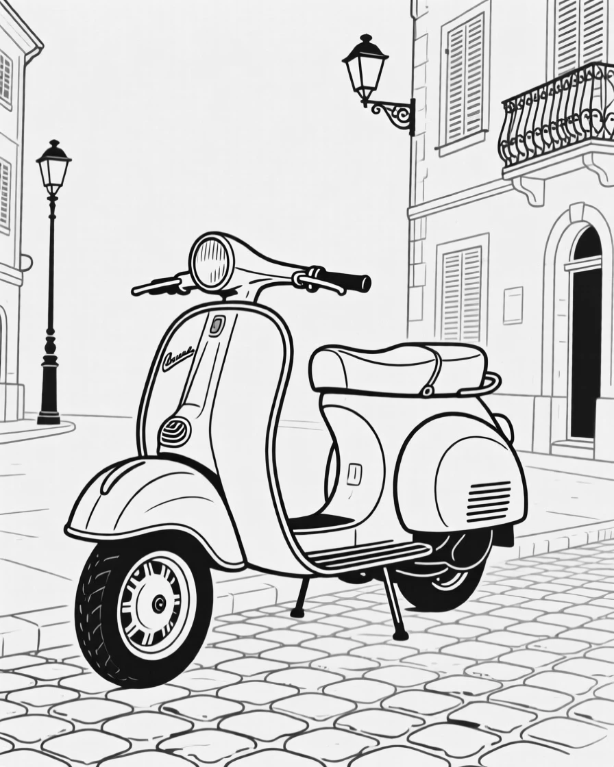 A vintage Vespa scooter parked on a cobblestone European street
