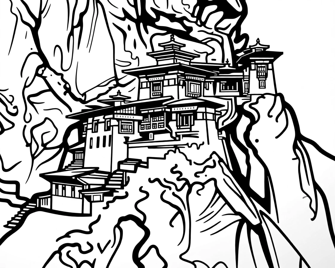 A traditional Bhutanese monastery perched dramatically on a cliffside.