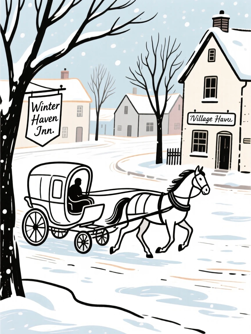 A horse-drawn carriage traveling through a snowy village square.